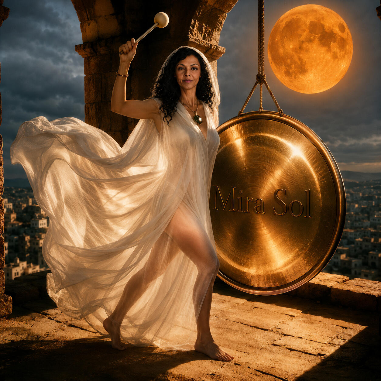 Mira Sol | SĒRAN Circle Mira Sol beside a ceremonial gong under the full moon, representing the sound, presence and consciousness of SĒRAN Circle.